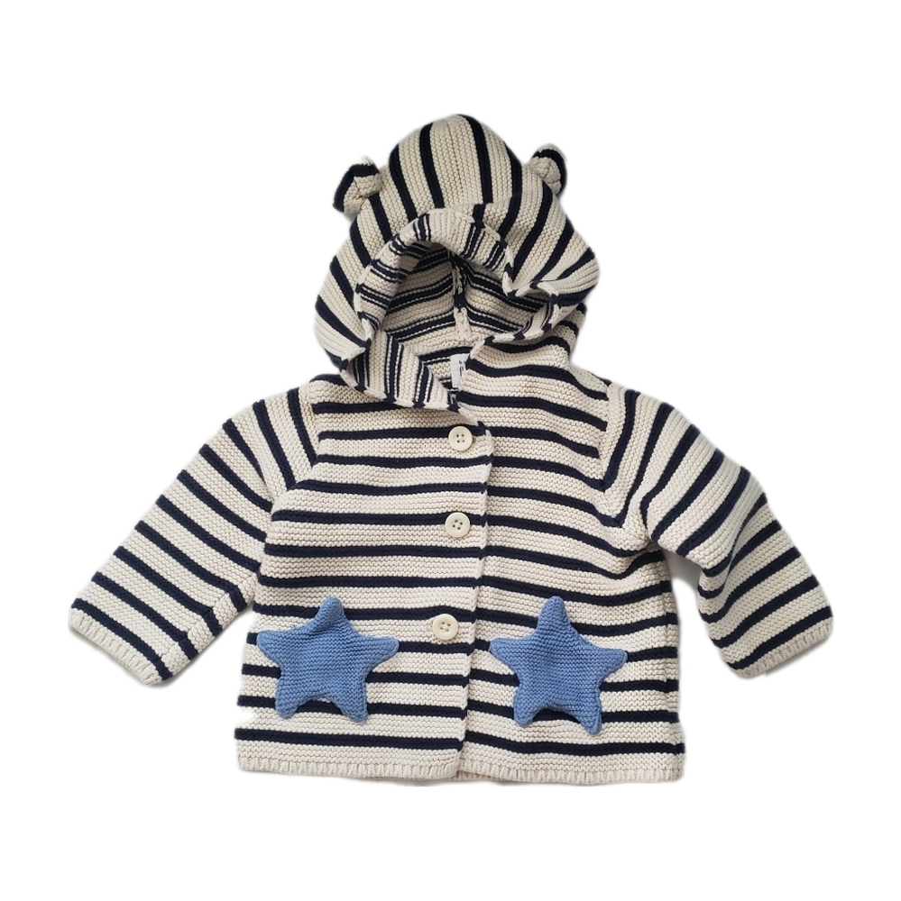 Baby Gap 3-6m Striped Hooded Bear Ears Garter Cardigan Sweater with Star Pockets